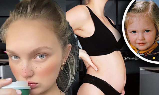 Romee Strijd strips down to lingerie to flaunt her baby bump after sharing childhood throwback