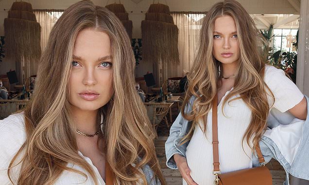 Romee Strijd reveals she’s ‘almost half way’ through her pregnancy as she shares stylish outfit shot