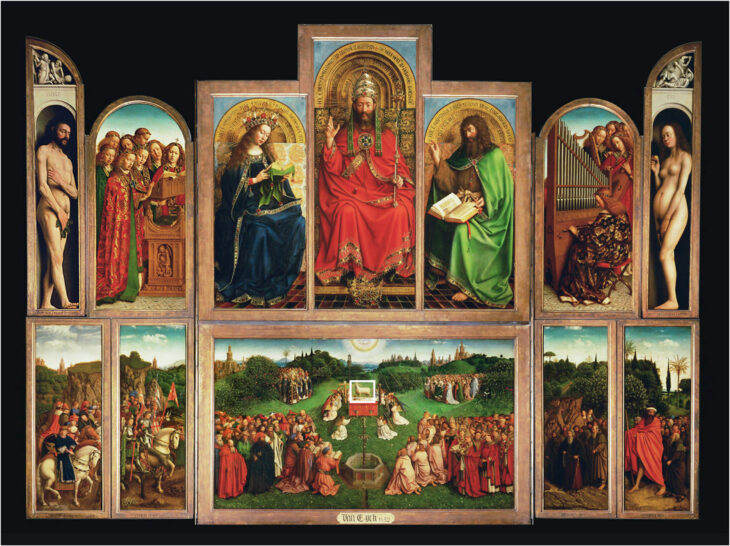 Dual mode standoff imaging spectroscopy documents the painting process of the Lamb of God in the Ghent Altarpiece by J. and H. Van Eyck