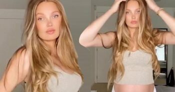 Romee Strijd shows off her baby bump in crop top and shorts on Instagram
