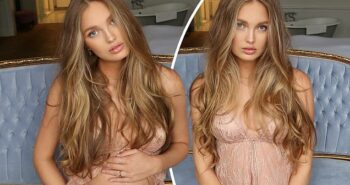 Romee Strijd plays a game of peekaboo as she flashes her growing baby bump on Instagram