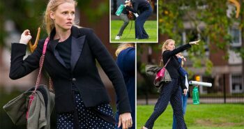 Dutch model Lara Stone, 36, and her new lover use a boomerang in the park