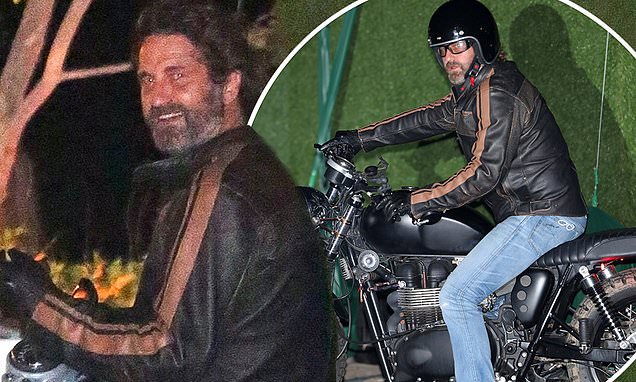 Gerard Butler departs Nobu Malibu on a motorbike