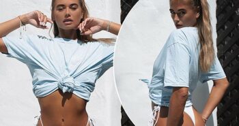 Love Island’s Arabella Chi turns up the heat in white thong bikini and blue cropped t-shirt